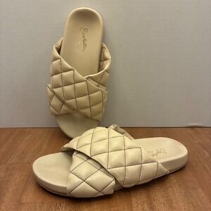 Seychelles Women's Quilted Cross Strap Slide Sandals Size 8 Leather Upper Bone